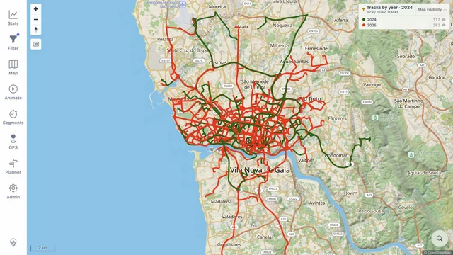 MTL Explorer public demo map with 2024 tracks in green and 2025 tracks in red