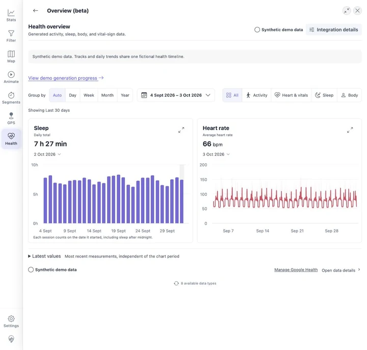 Health Overview in MTL Explorer with synthetic daily sleep and heart-rate trends