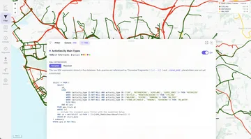 MTL Explorer filter panel showing a SQL expression used to group and color tracks on the map